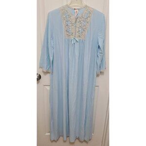 Vtg 50s 60s Macys Marchioness L/S Long Nightgown Lace Neck Blue Acetate Sz 38/40